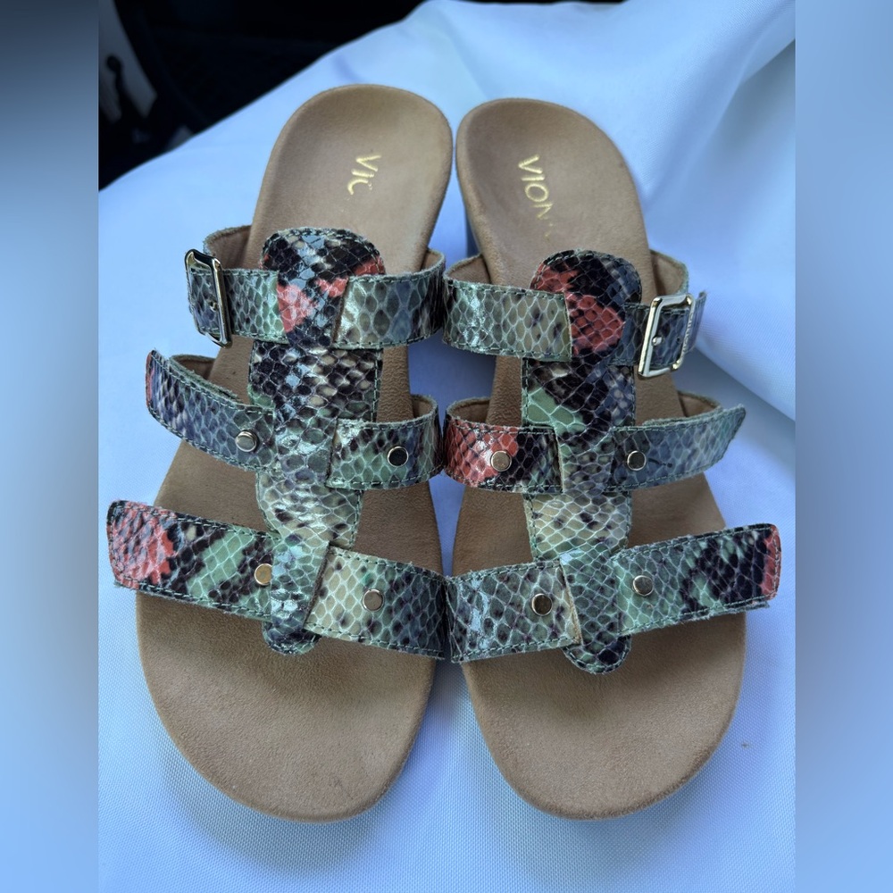 Vionic Snake-Print Strappy Slide Sandals - Multi Green